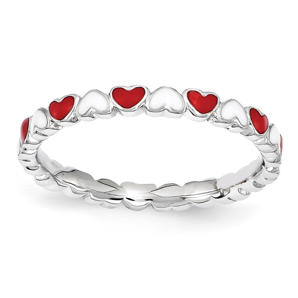 2.5mm Sterling Silver Stackable Red & White Enamel Heart Band
