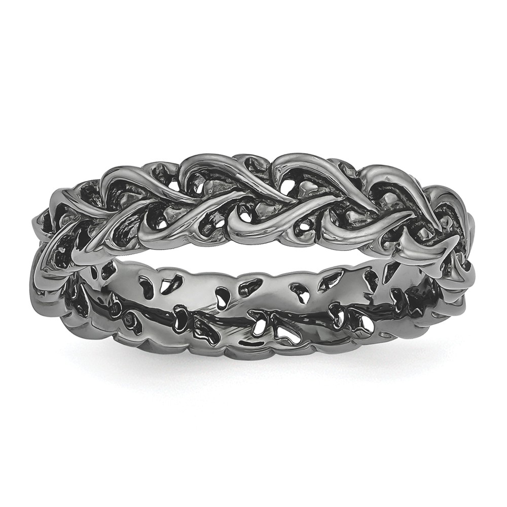 4.5mm Black Plated Sterling Silver Stackable Carved Heart Band