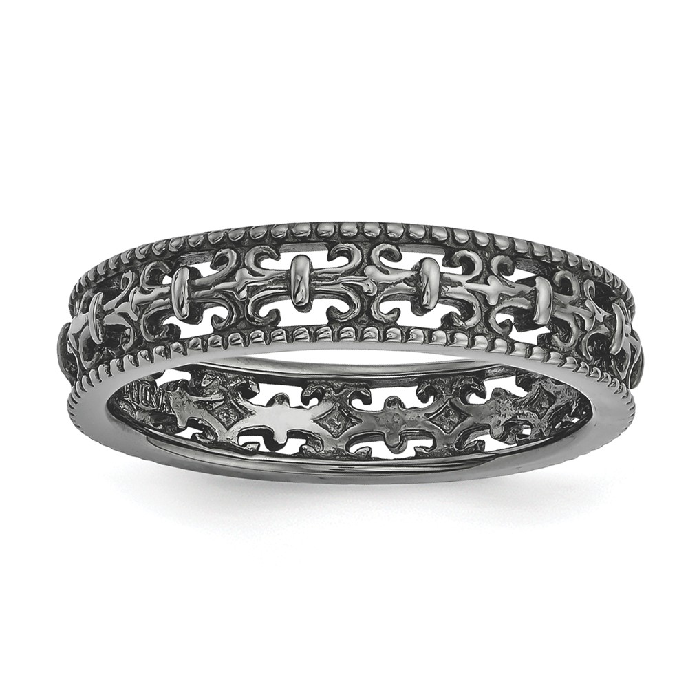 4.5mm Black Plated Sterling Silver Stackable Fleur de Lis Band