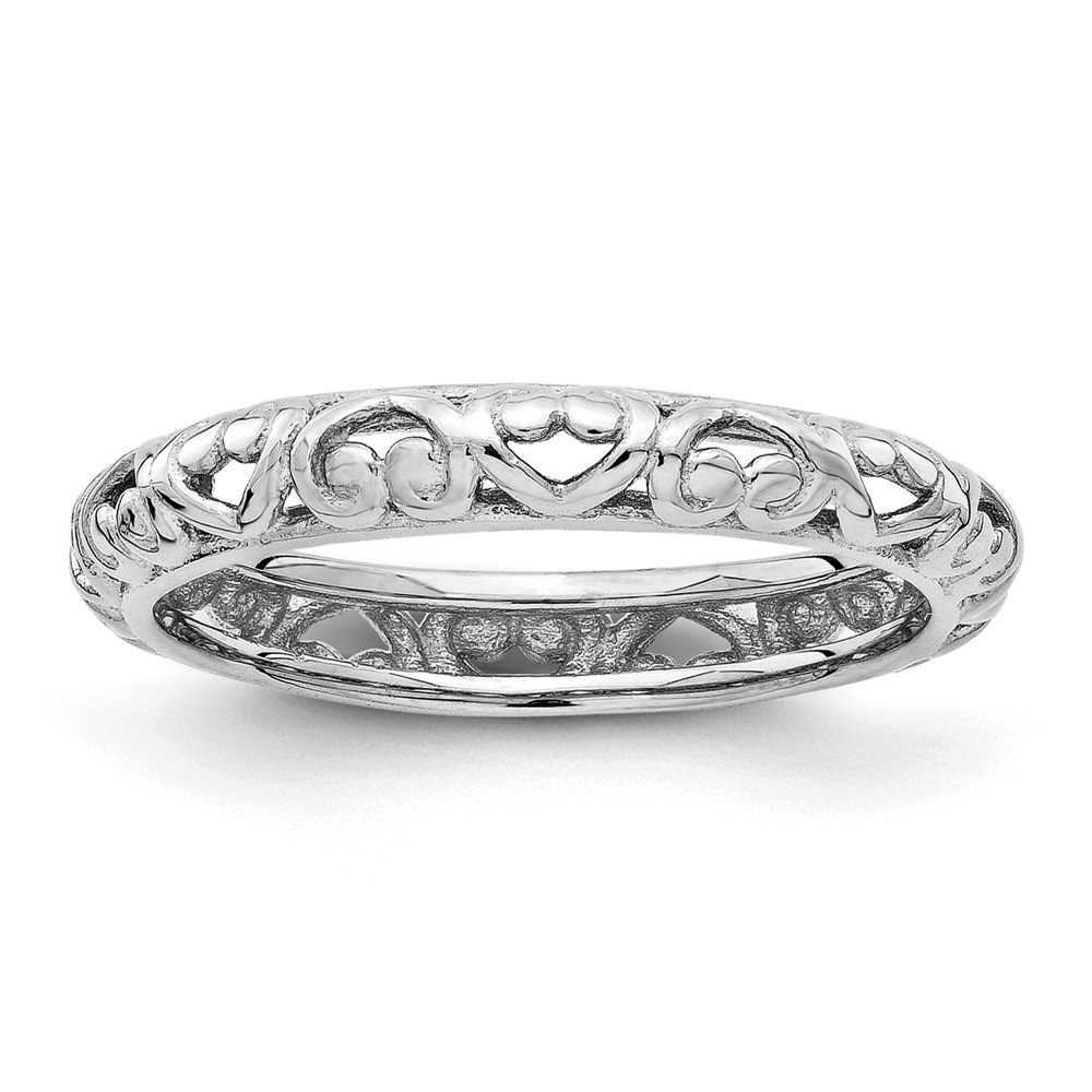 3.5mm Rhodium Plated Sterling Silver Stackable Domed Carved Heart Band