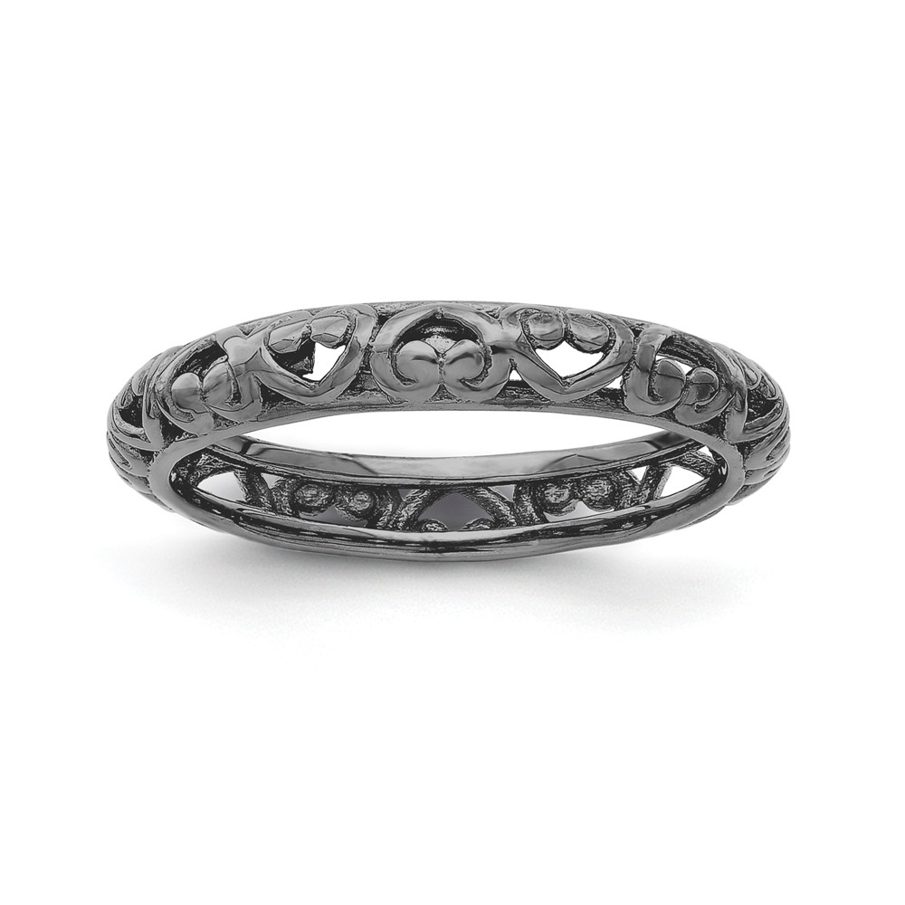 3.5mm Black Plated Sterling Silver Stackable Domed Carved Heart Band