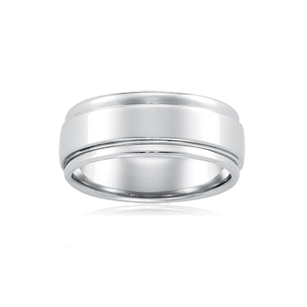 7.5mm, Grooved Edge, 14K White Gold Unisex Comfort Fit Band