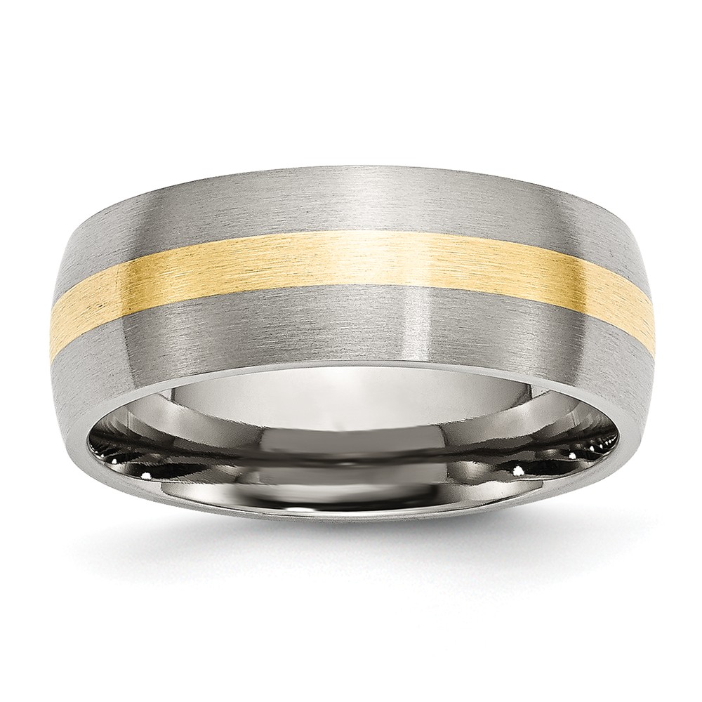 Stainless Steel &amp; 14K Gold Inlay, 8mm Satin Unisex Band - Size 10.5