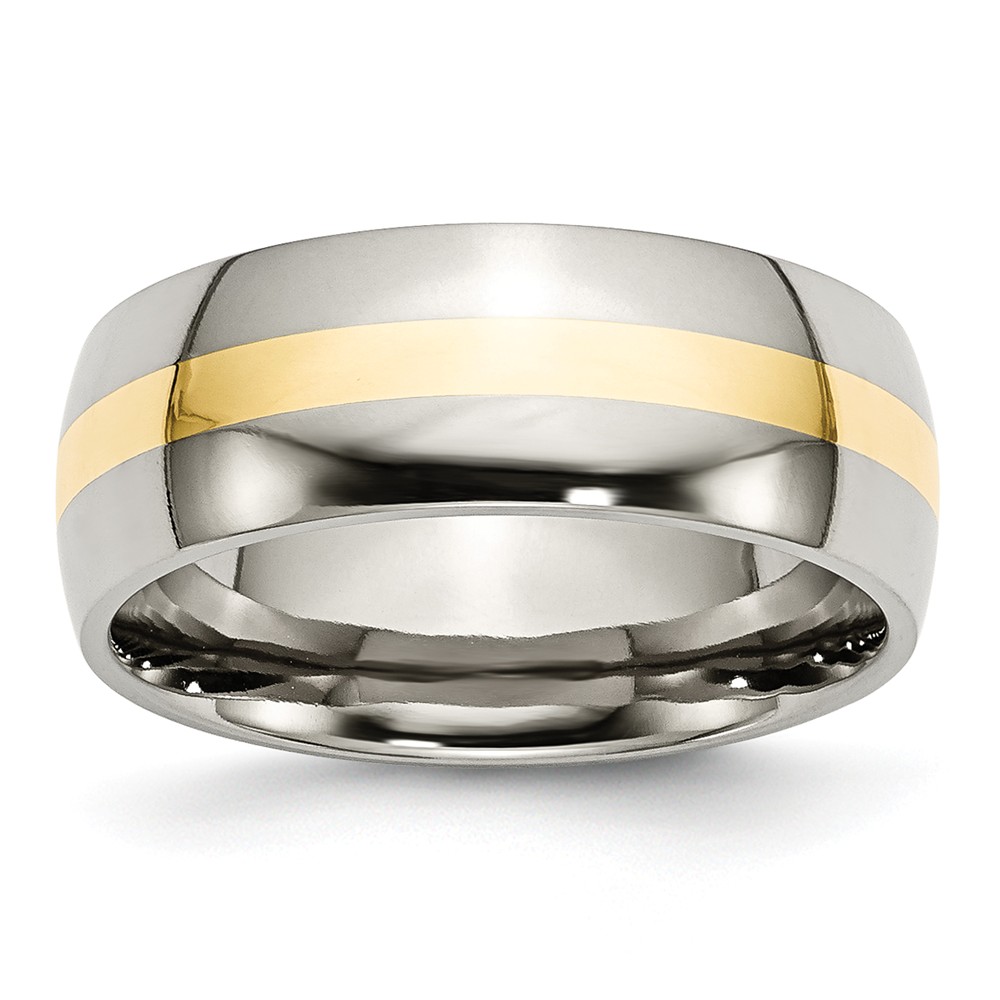 Stainless Steel &amp; 14K Gold Inlay, 8mm Polished Unisex Comfort Fit Band