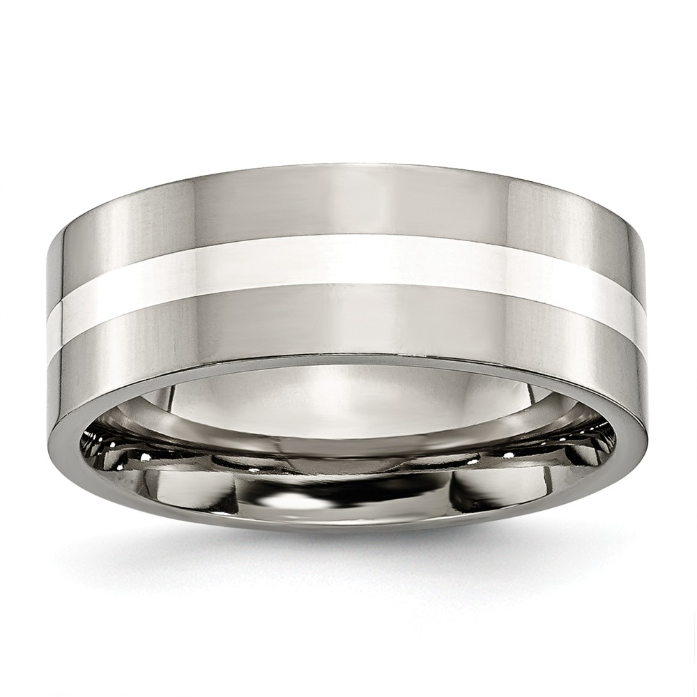 Titanium & Sterling Silver Inlay, 8mm Polished Flat Comfort Fit Band