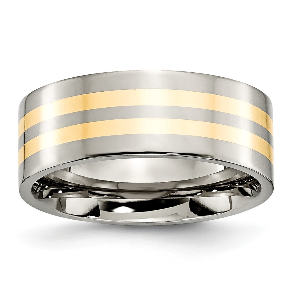 Titanium & 14k Gold Double Striped, 8mm Flat Comfort Fit Band, Sz 11.5