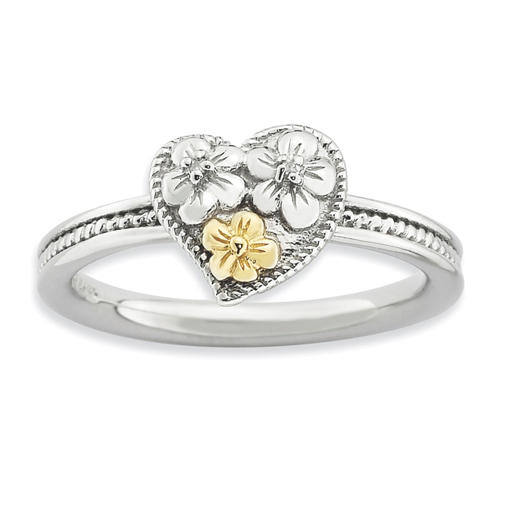 Sterling Silver, 14k Gold Plated & Diamond 9mm Floral Heart Stack Ring