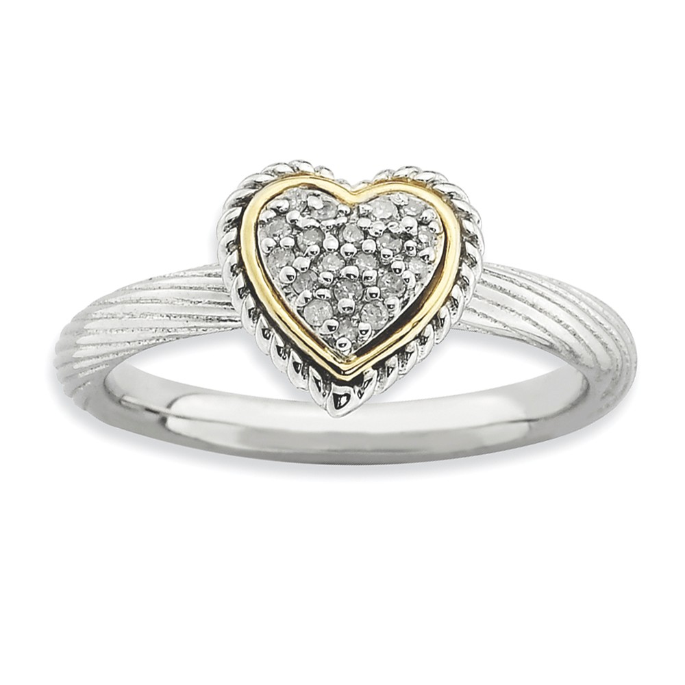 Sterling Silver, 14k Yellow Gold Plated & Diamond 9mm Heart Stack Ring