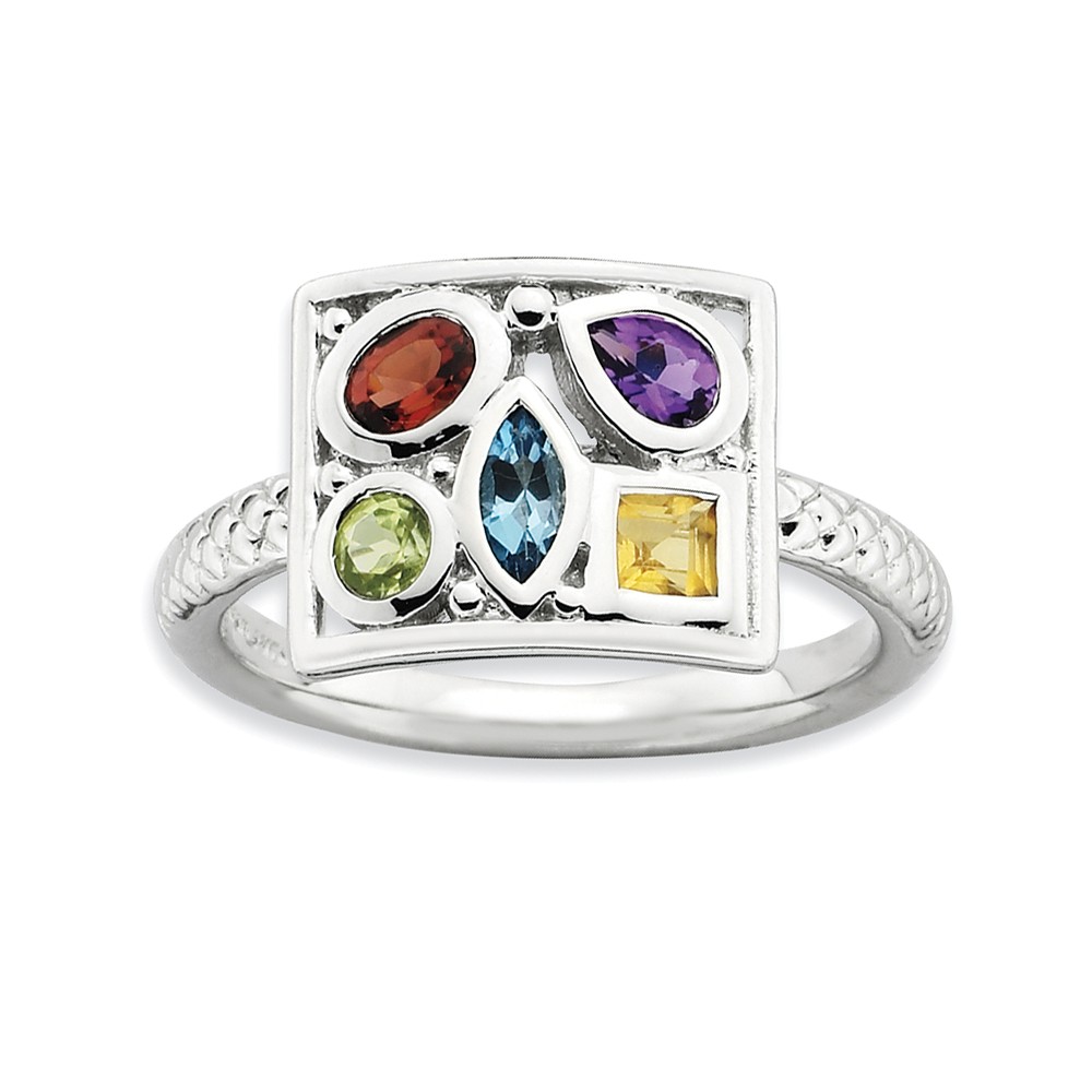 Rhodium Plated Sterling Silver & Gemstone Stackable 10mm Collage Ring