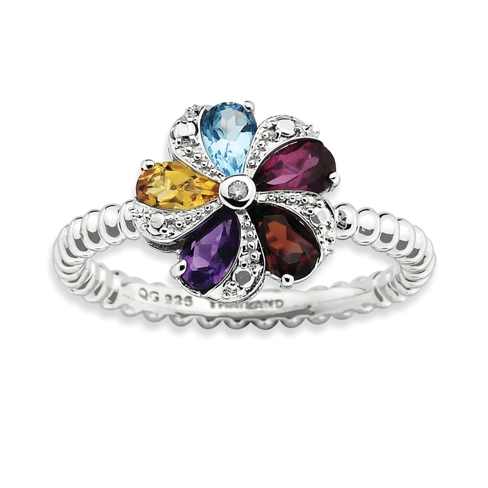 Gemstone, 1pt Diamond & Sterling Silver Stackable 11mm Flower Ring