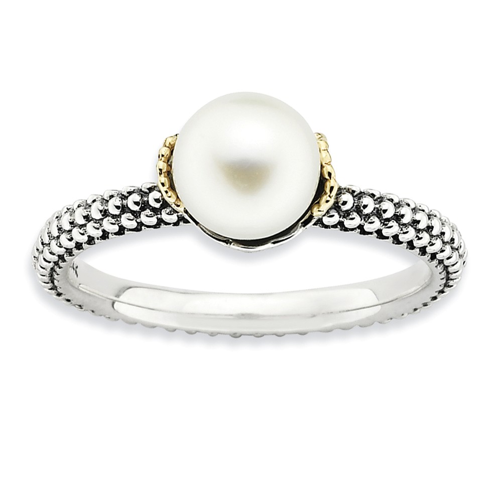 White FW Cultured Pearl, Sterling Silver & 14k Gold Accent Stack Ring