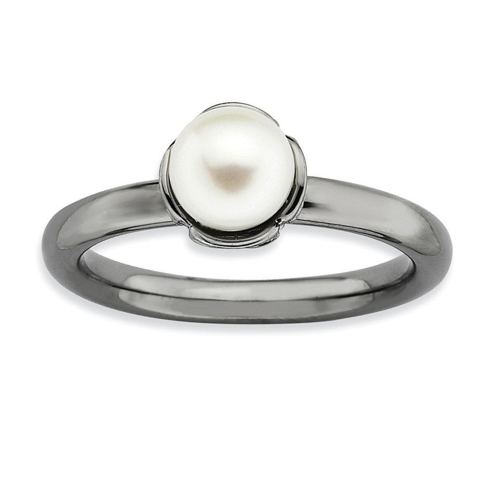 White FW Cultured Pearl & Black-plated Sterling Silver Stack Ring