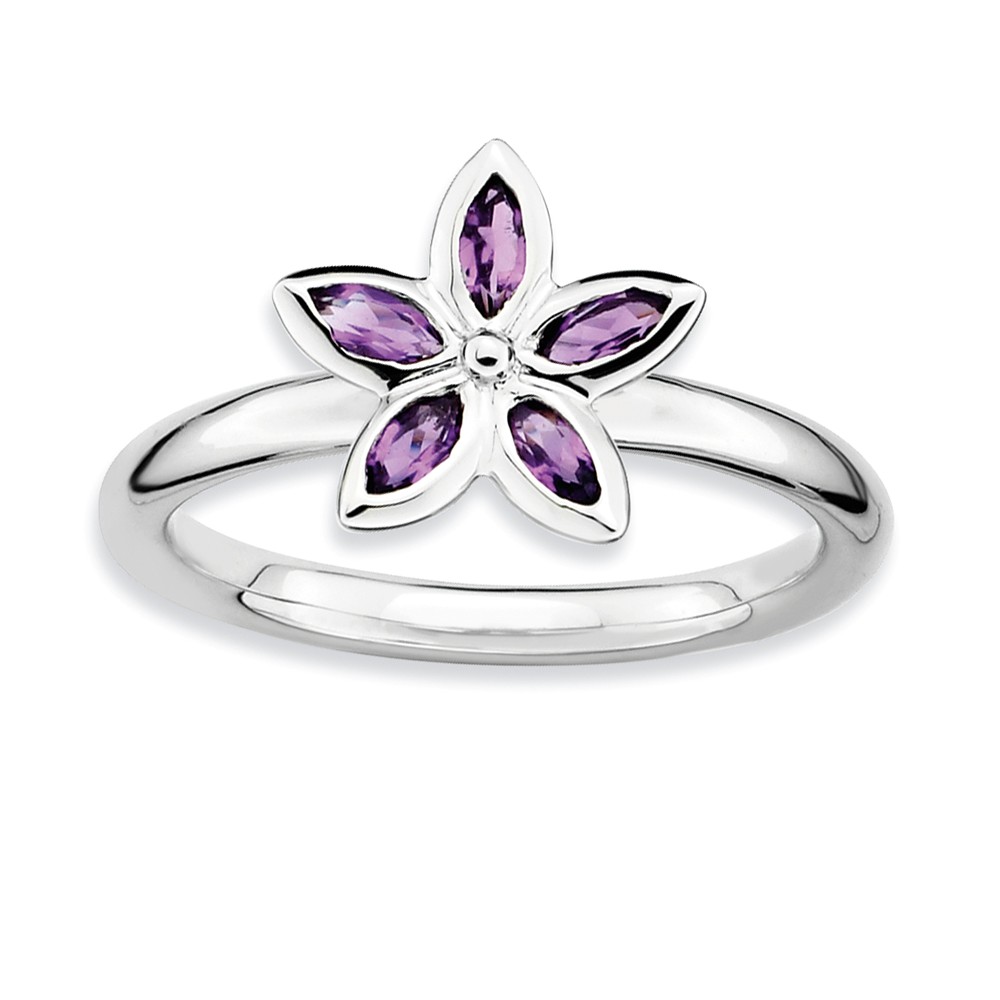 Sterling Silver & Amethyst Stackable 5 Marquise Stone Flower Ring