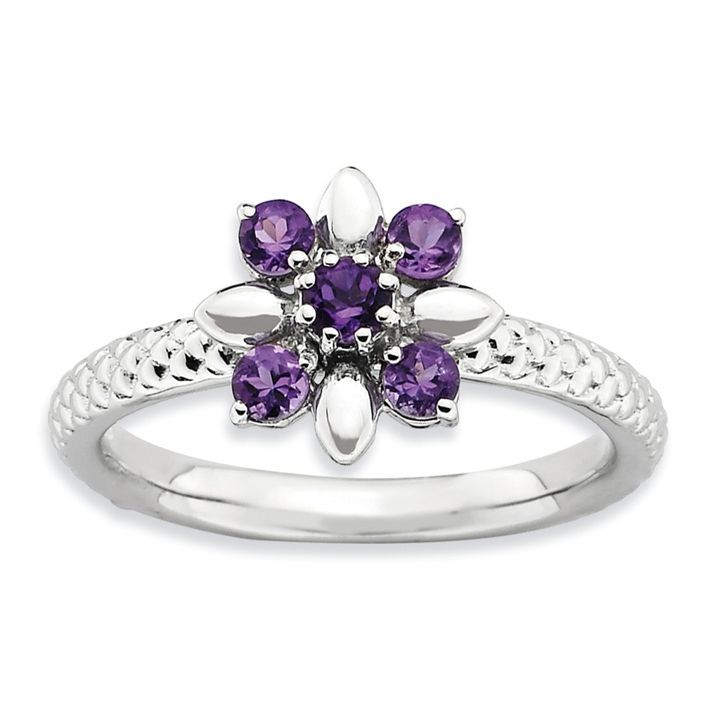 Sterling Silver & Amethyst Stackable 5 Round Stone Flower Ring