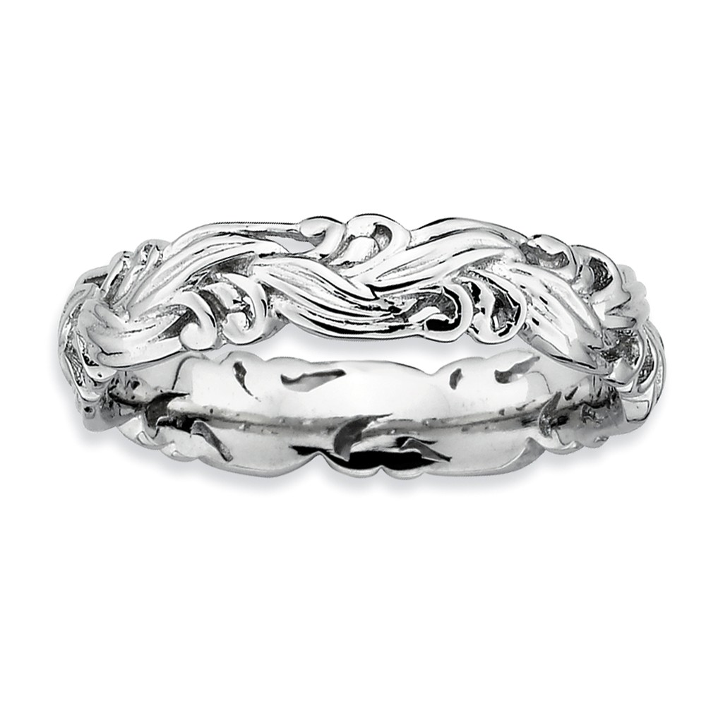 Rhodium Plated Sterling Silver Stackable Ornate Floral 4.5mm Band