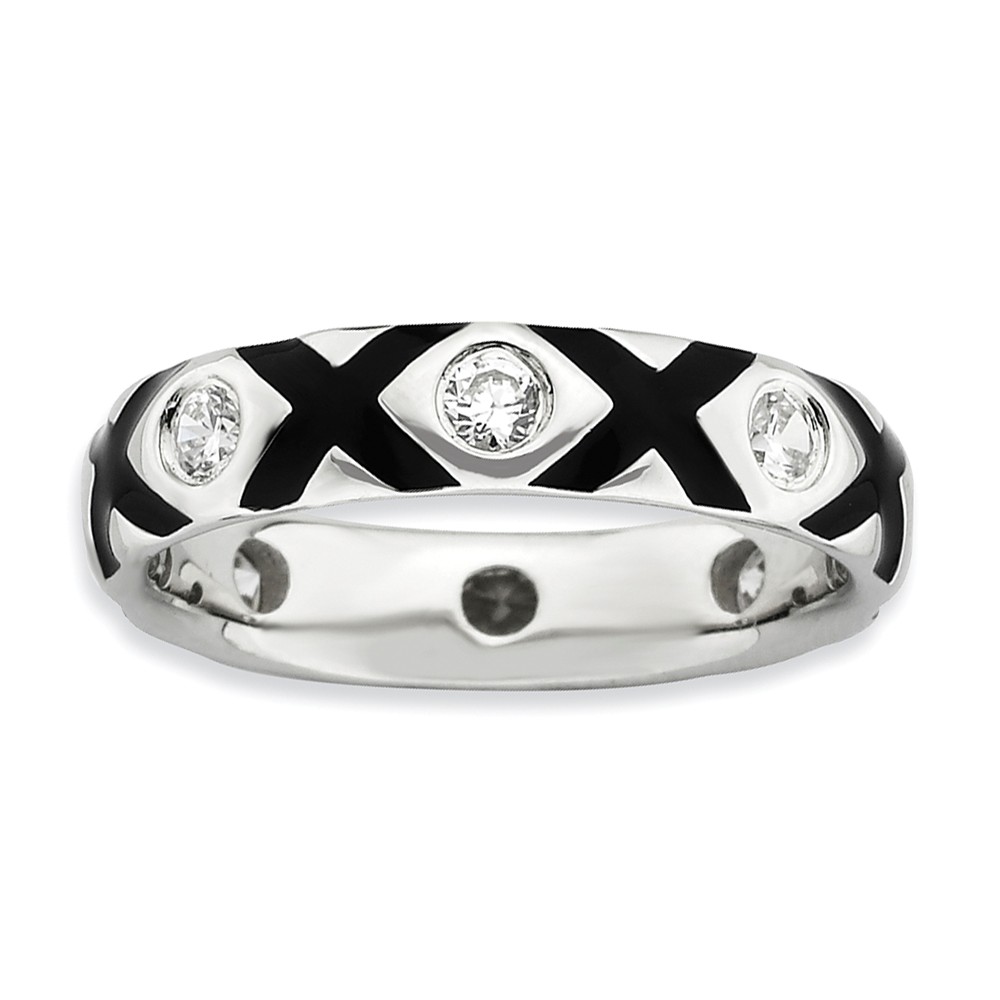 Sterling Silver, Black Enamel & CZ Hugs & Kisses Stackable Band