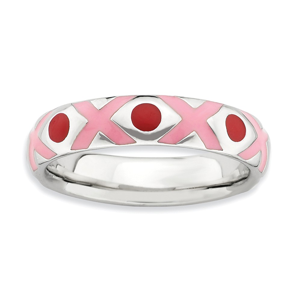 Sterling Silver, Pink and Red Enameled Hugs & Kisses Band