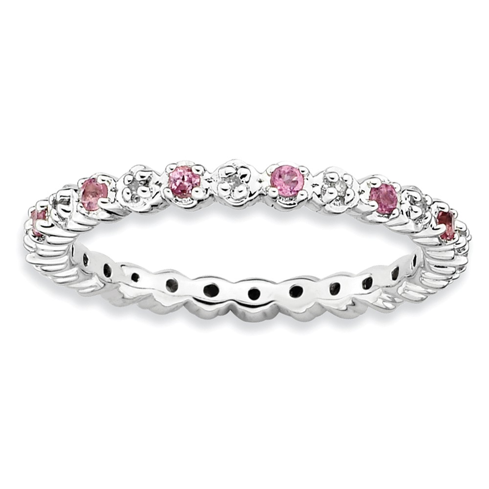 2.25mm Stackable Pink Tourmaline & .04Ctw HI/I3 Diamond Silver Band