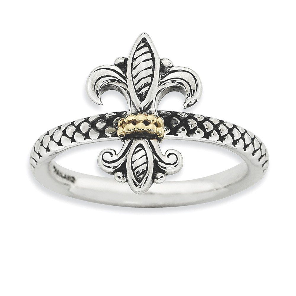 2.5mm Stackable Antiqued Silver & 14K Gold Plated Fleur de lis Ring