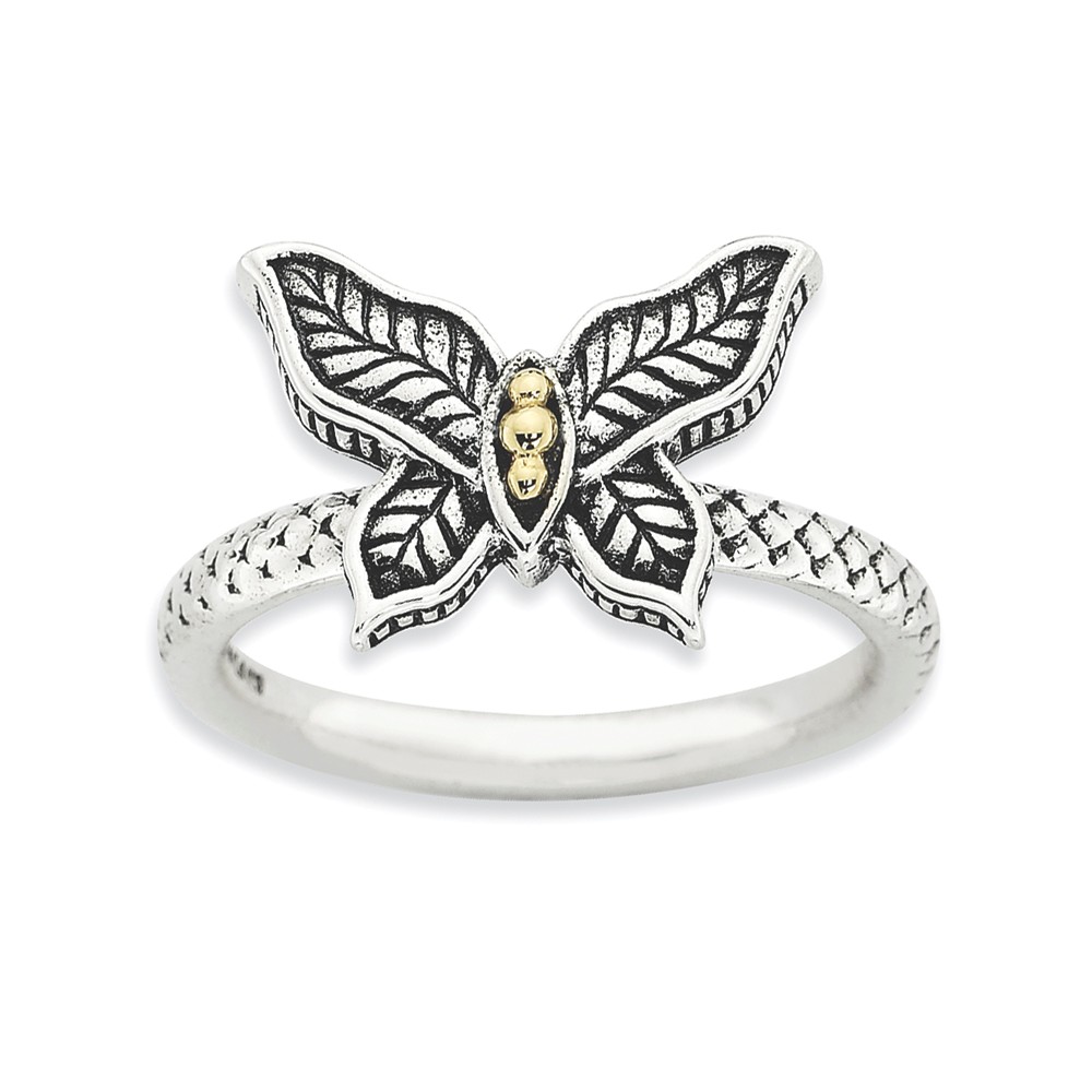 2.5mm Antiqued Sterling Silver & 14K Gold Plated Butterfly Stack Ring