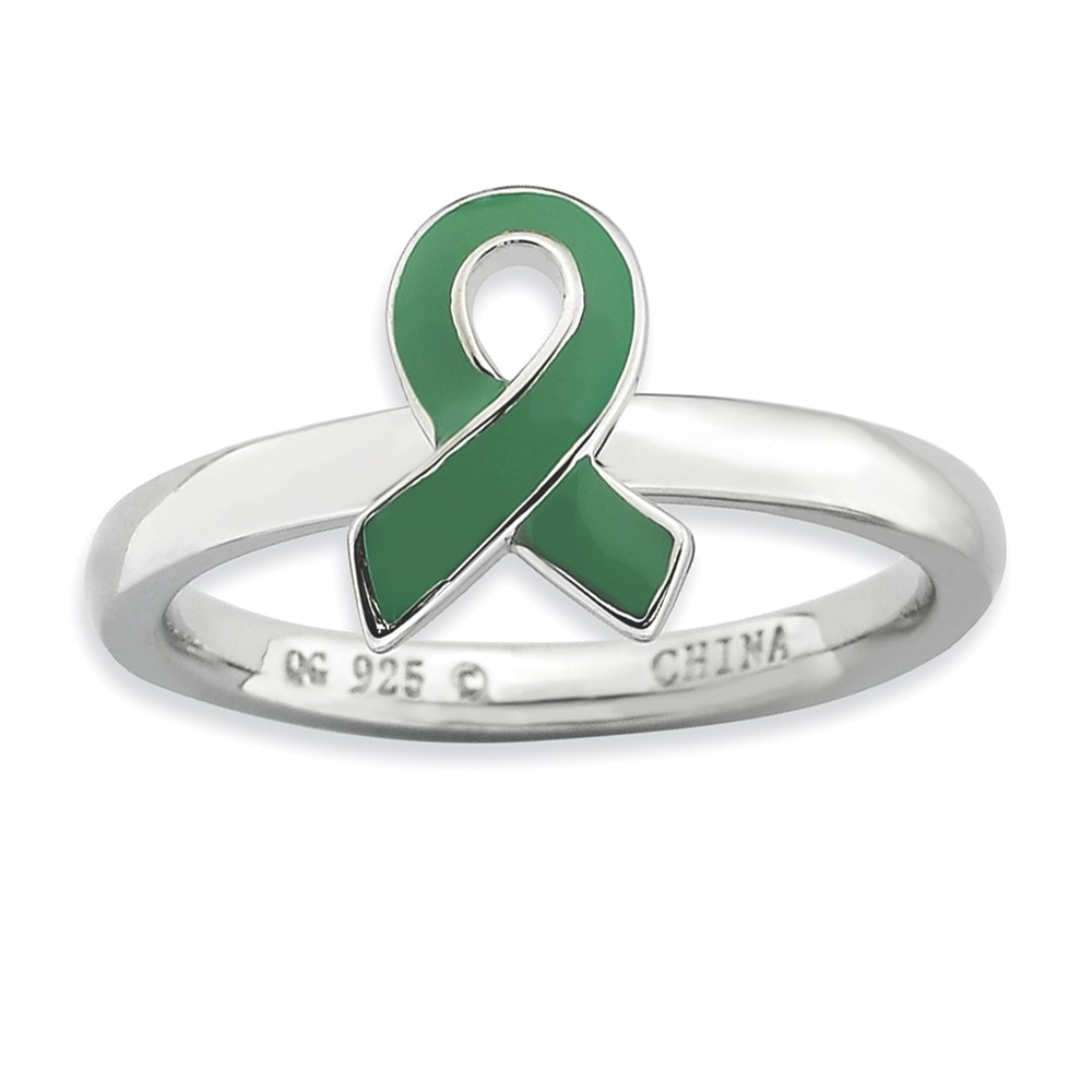 Silver Stackable Green Enamel Awareness Ribbon Ring