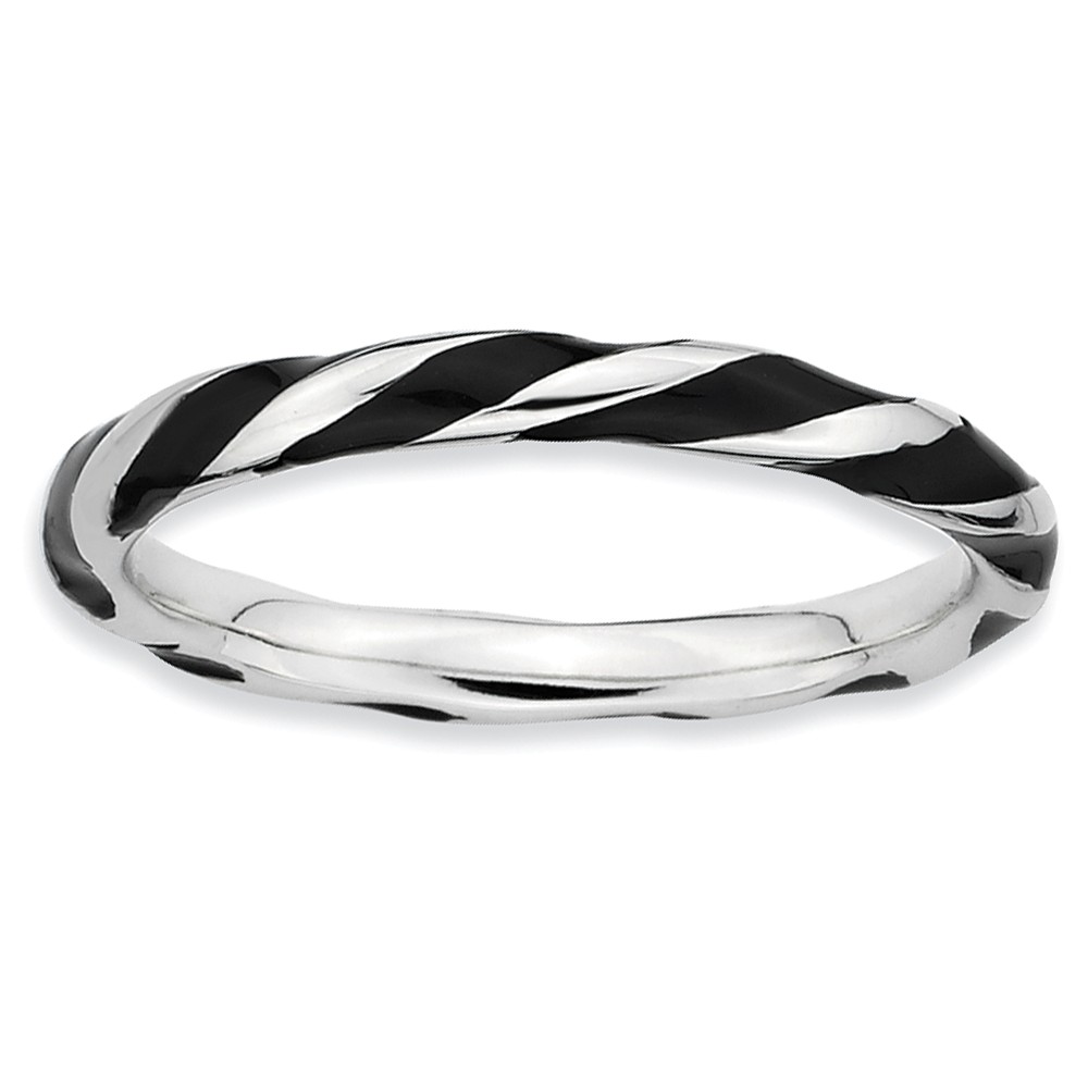 2.4mm Silver Twisted Black Enameled Stackable Band