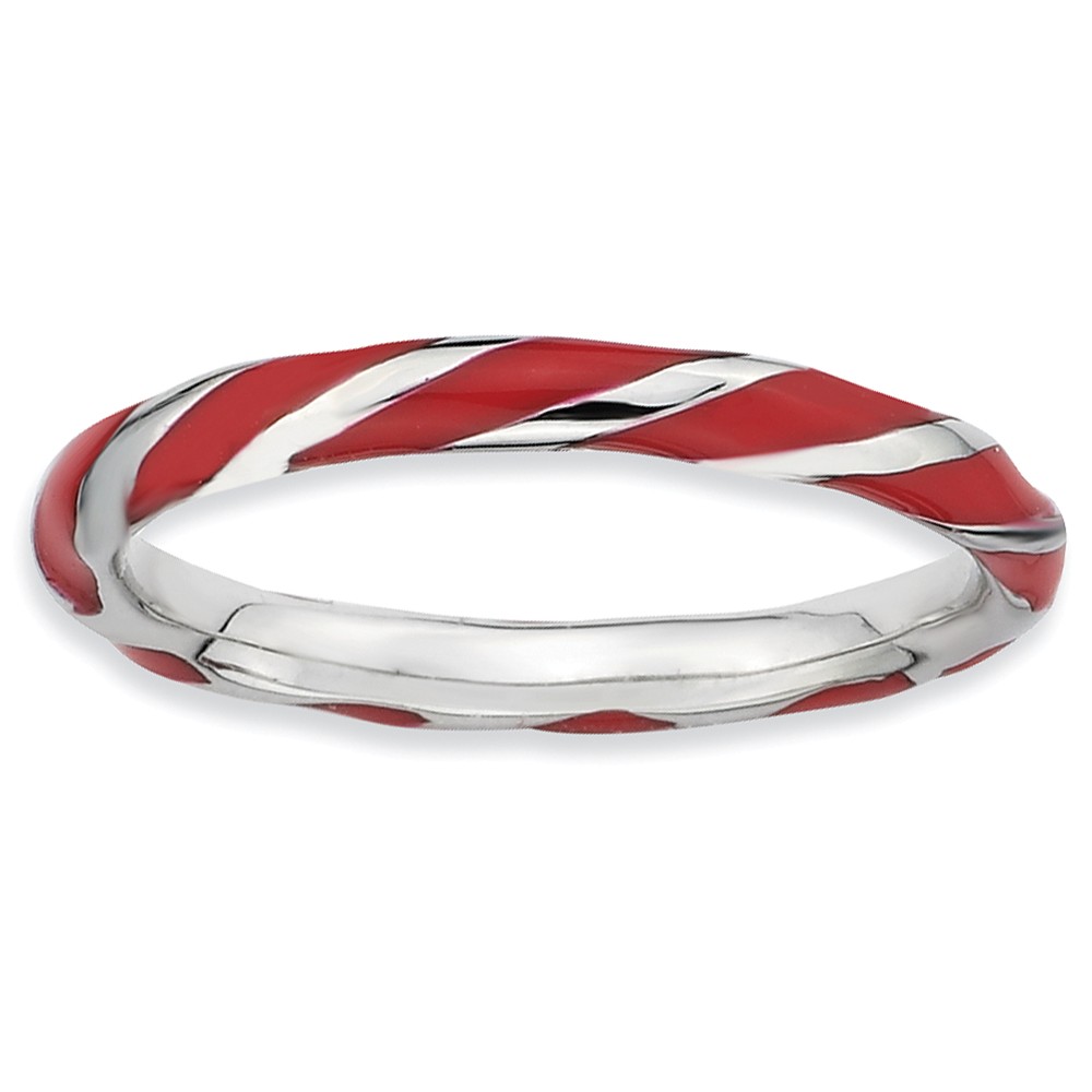 2.4mm Silver Twisted Red Enameled Stackable Band