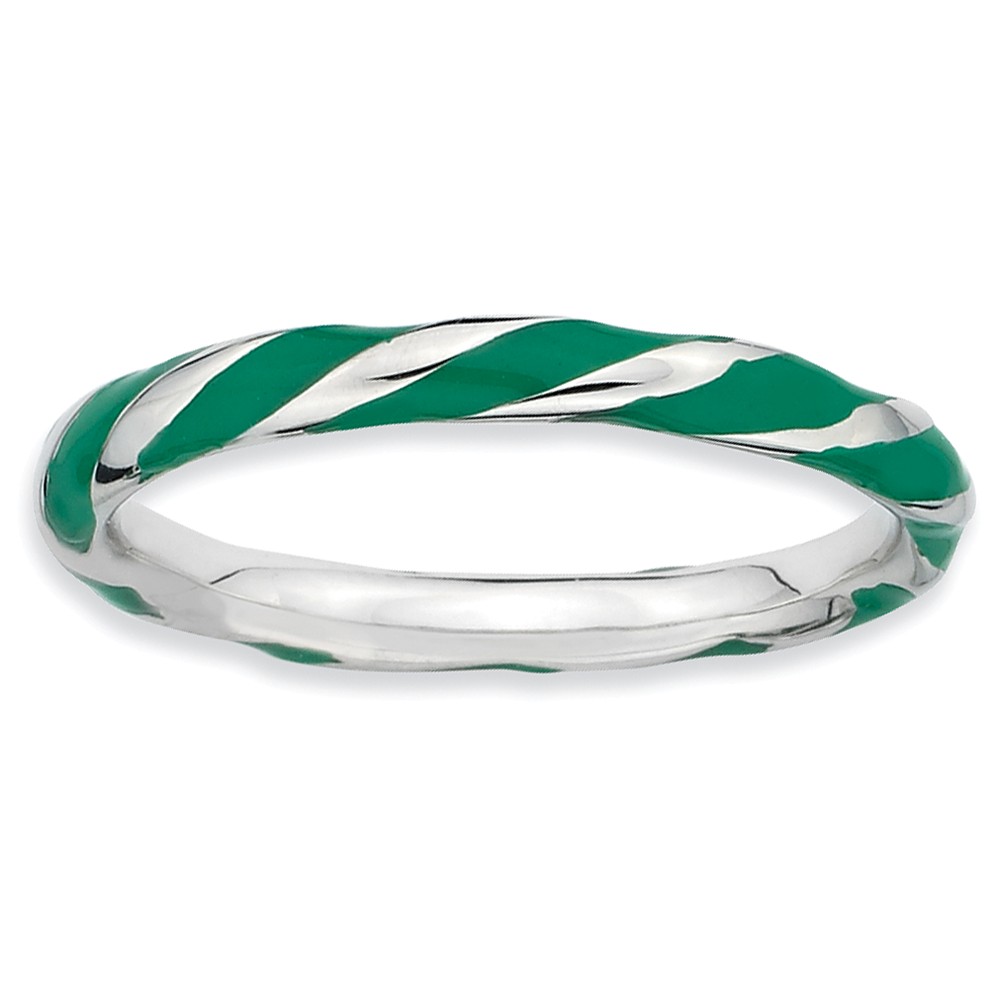 2.4mm Silver Twisted Green Enameled Stackable Band