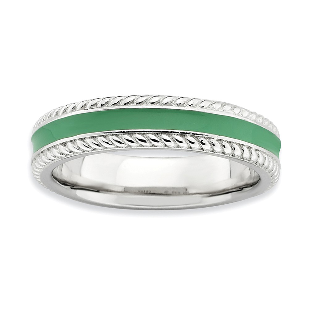 4.5mm Sterling Silver Green Enamel Stackable Rope Edged Band