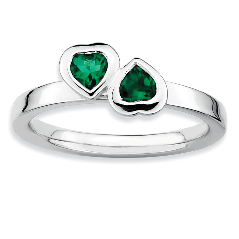 Sterling Silver Stackable Double Heart Created Emerald Ring