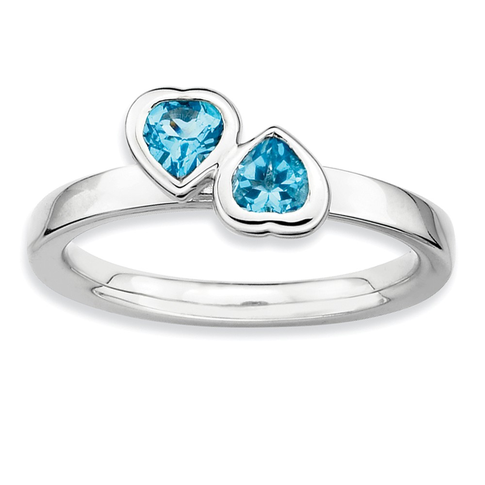 Sterling Silver Stackable Double Heart Blue Topaz Ring
