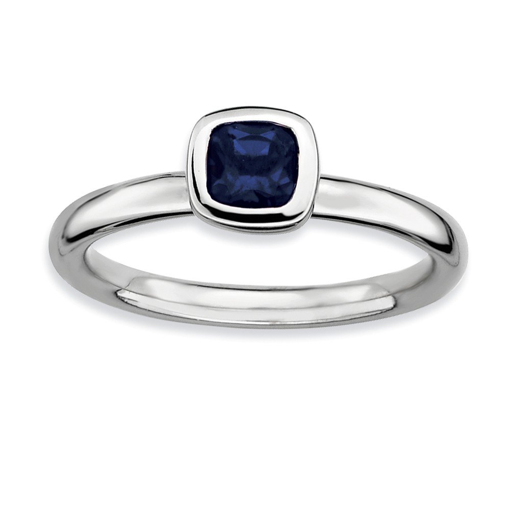Silver Stackable Cushion Cut Created Sapphire Solitaire Ring