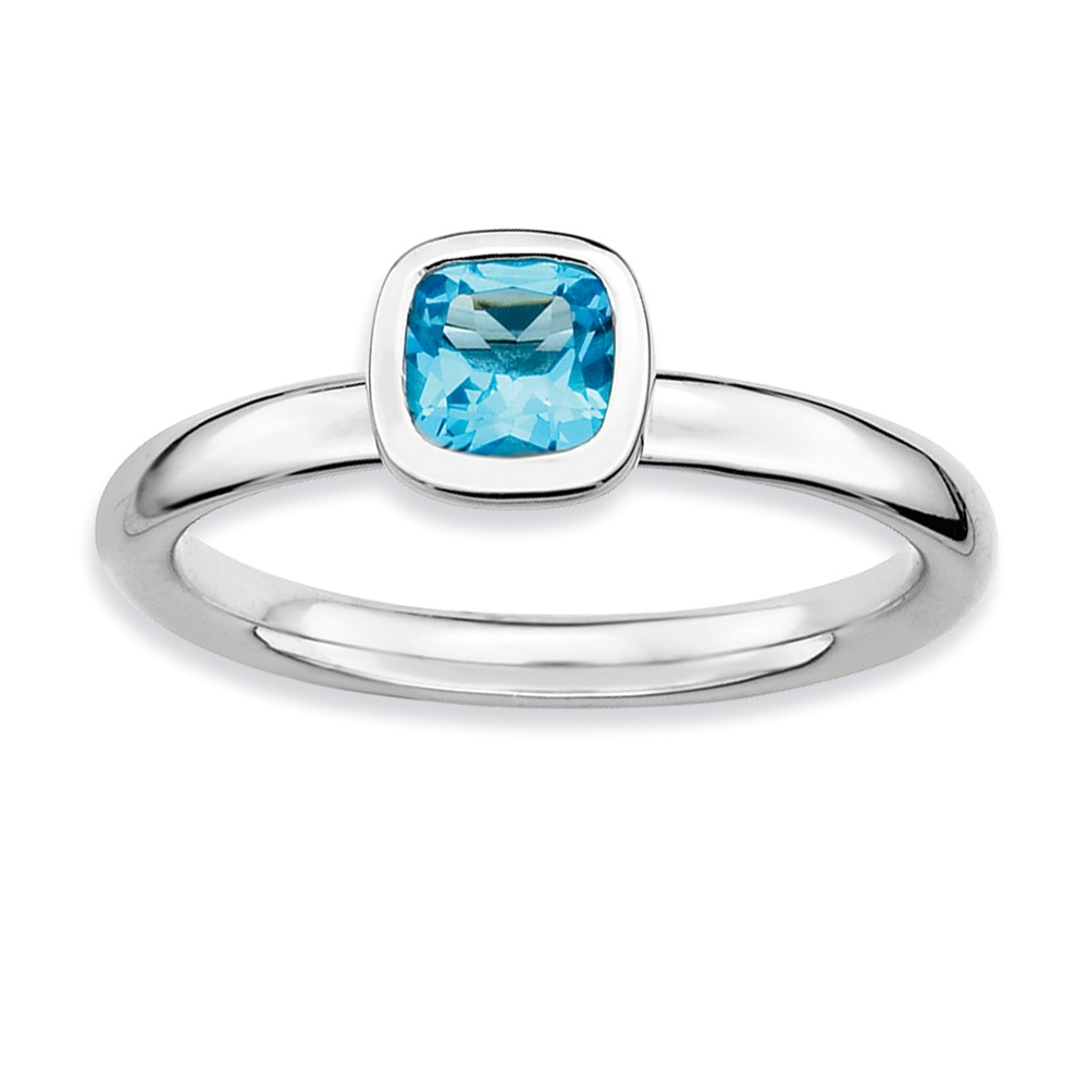 Silver Stackable Cushion Cut Blue Topaz Solitaire Ring