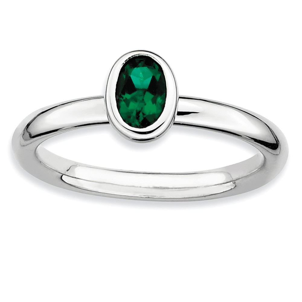Silver Stackable Oval Created Emerald Solitaire Ring