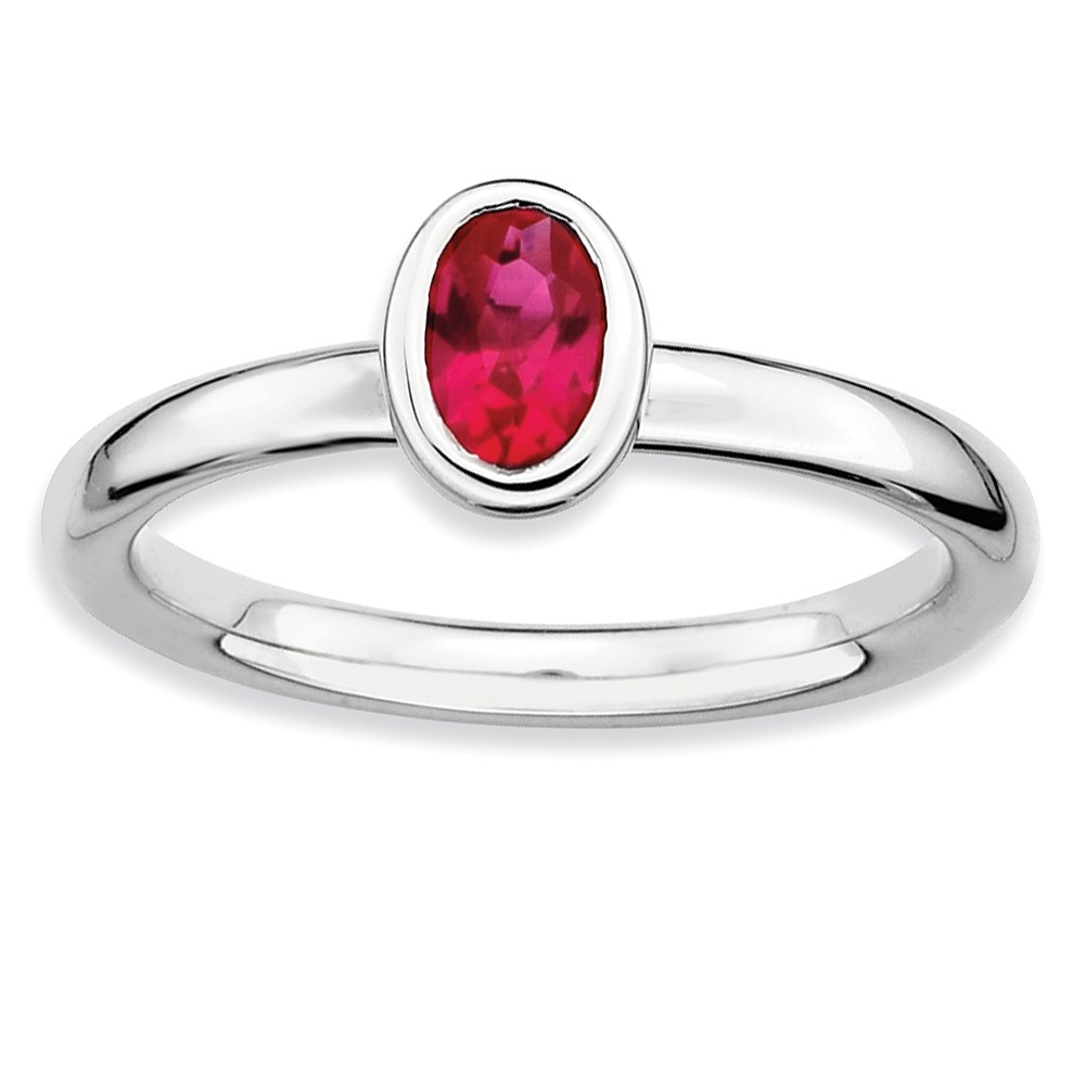 Sterling Silver Stackable Oval Created Ruby Solitaire Ring