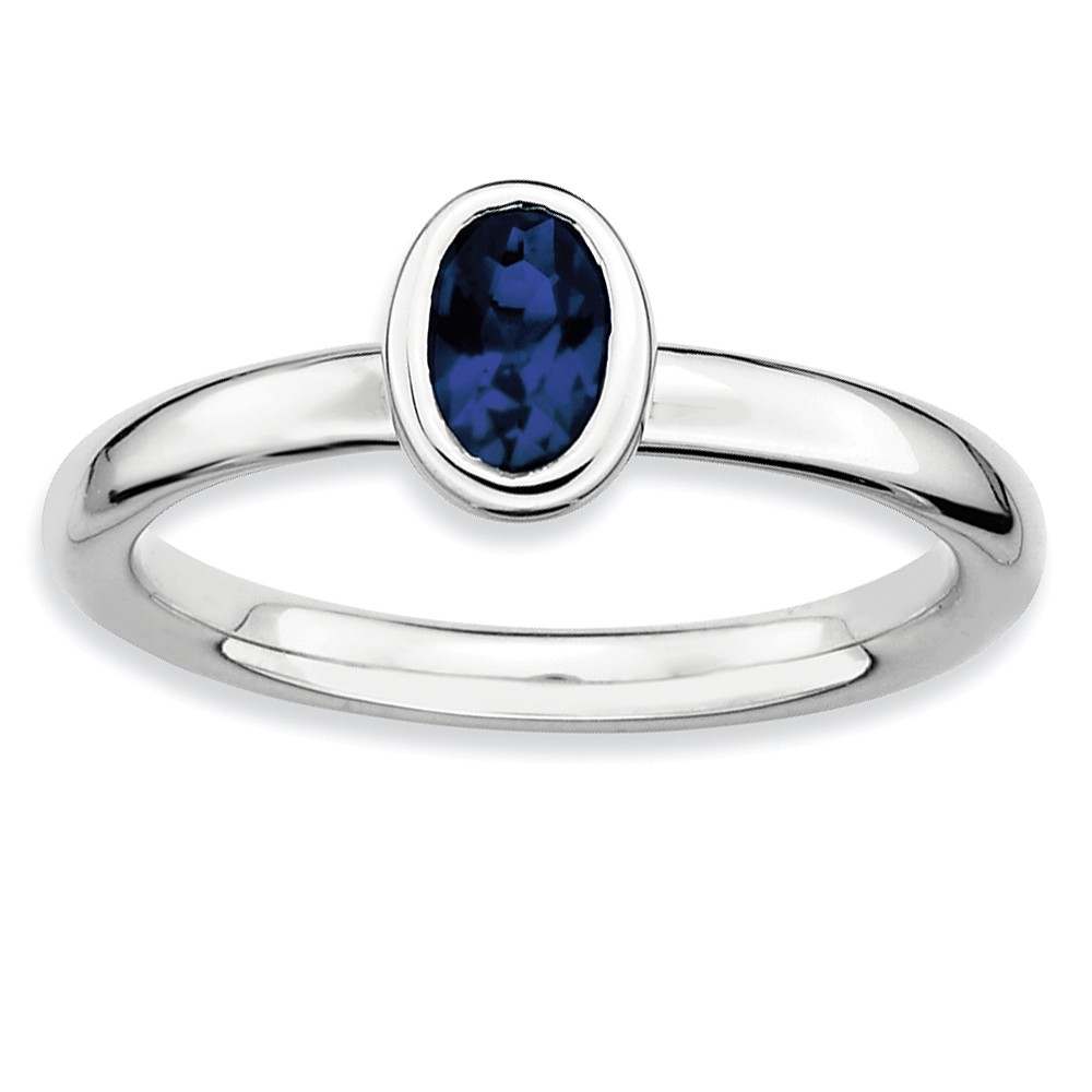 Silver Stackable Oval Created Sapphire Solitaire Ring