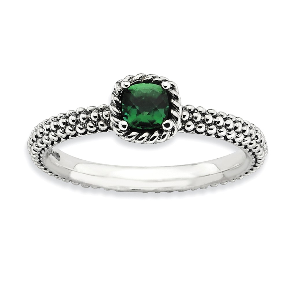 Antiqued Sterling Silver Stackable Created Emerald Ring