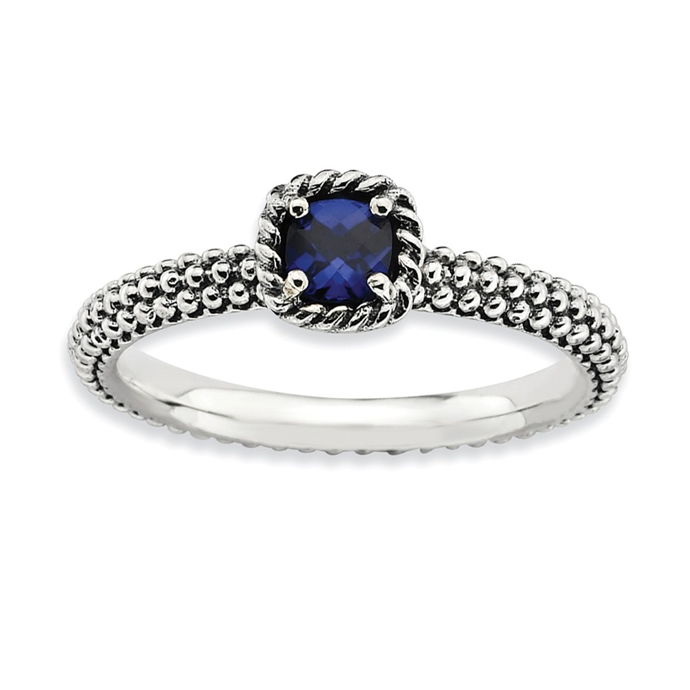 Antiqued Sterling Silver Stackable Created Sapphire Ring