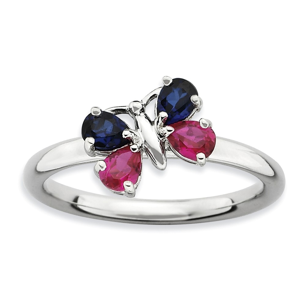 Stackable Created Sapphire & Created Ruby Butterfly Silver Ring