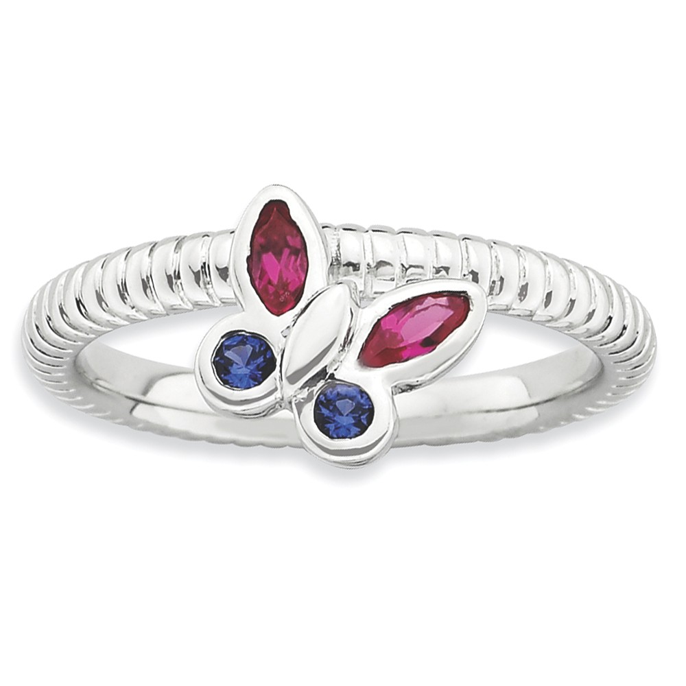 Sterling Silver Stackable Created Ruby Created Sapphire Butterfly Ring