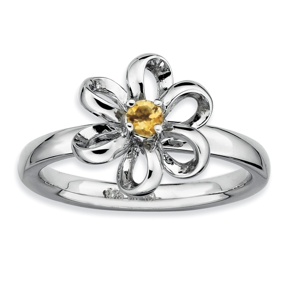 Silver Stackable 12mm 1/10 Carat Citrine Flower Ring