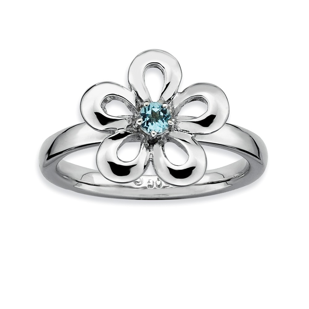 Silver Stackable 13mm 1/10 Carat Blue Topaz Flower Ring