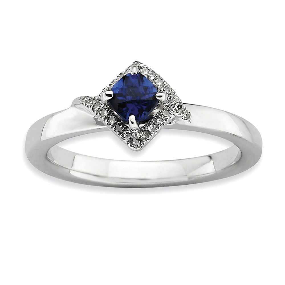 Stackable Created Sapphire & .10ctw HI/I3 Diamond Sterling Silver Ring