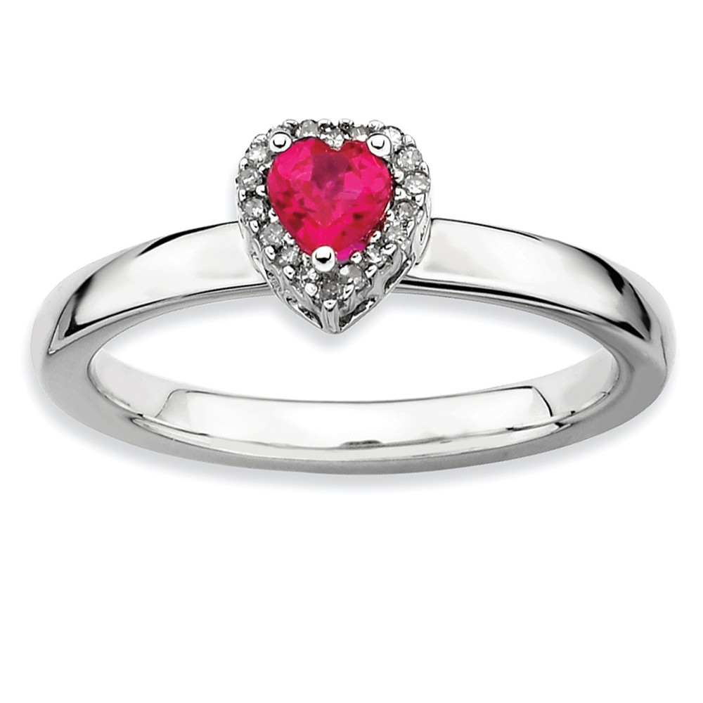 Sterling Silver Created Ruby & 1/20 Ctw Diamond Stackable Heart Ring