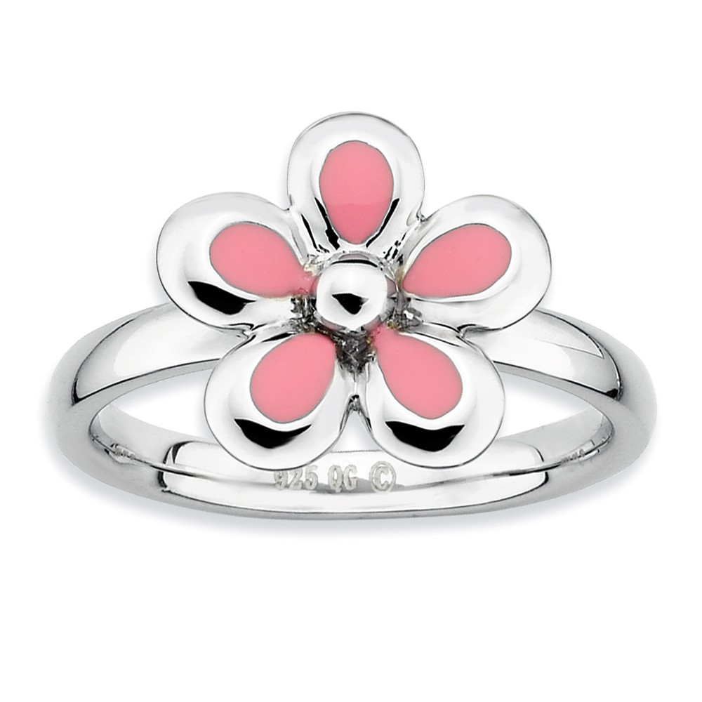 Sterling Silver Stackable Pink Enameled Flower Ring