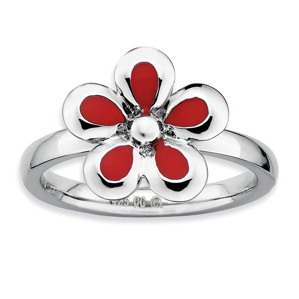 Sterling Silver Stackable Red Enameled Flower Ring