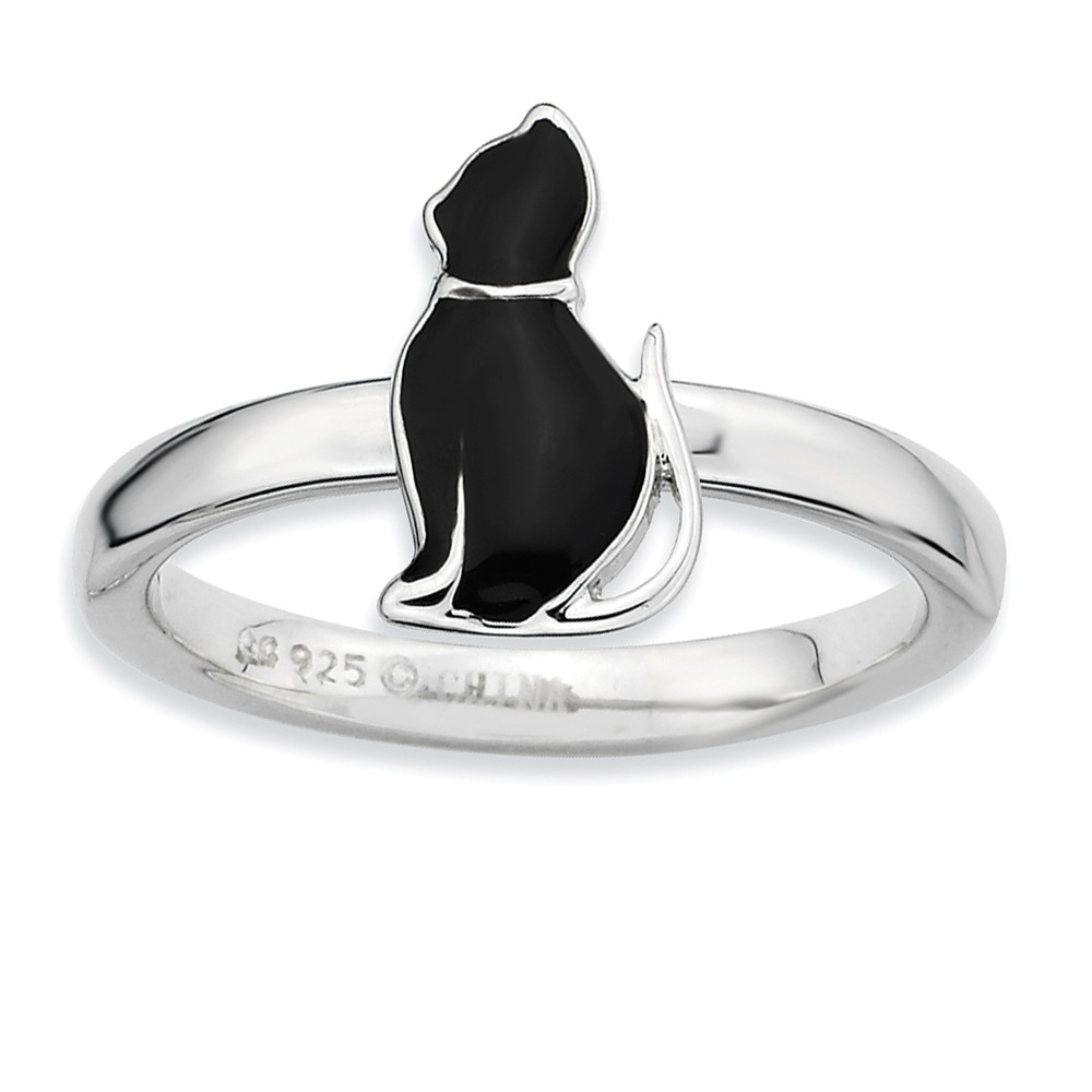 Sterling Silver Stackable Black Enameled Side Kitty Ring