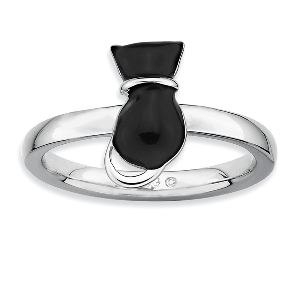 Sterling Silver Stackable Black Enameled Cat Ring