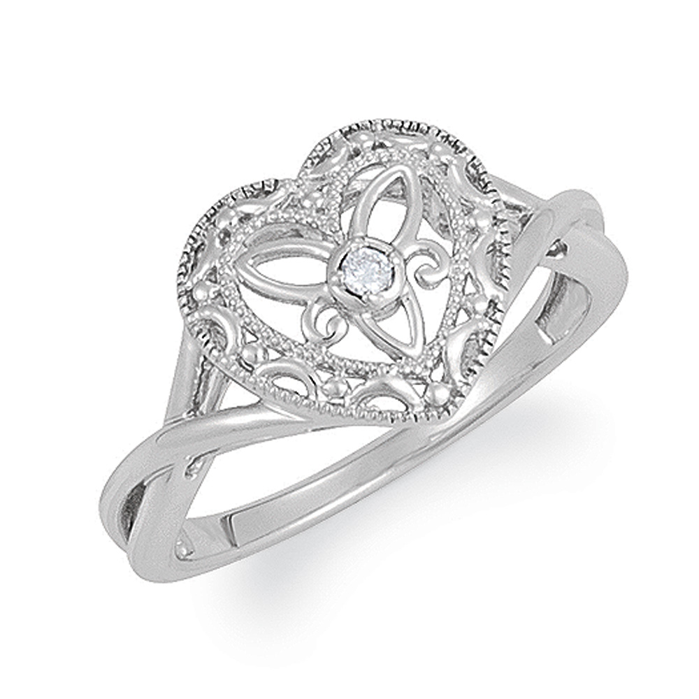 Vintage Style Sterling Silver .025 Ct G-H, I2 Diamond Heart Ring