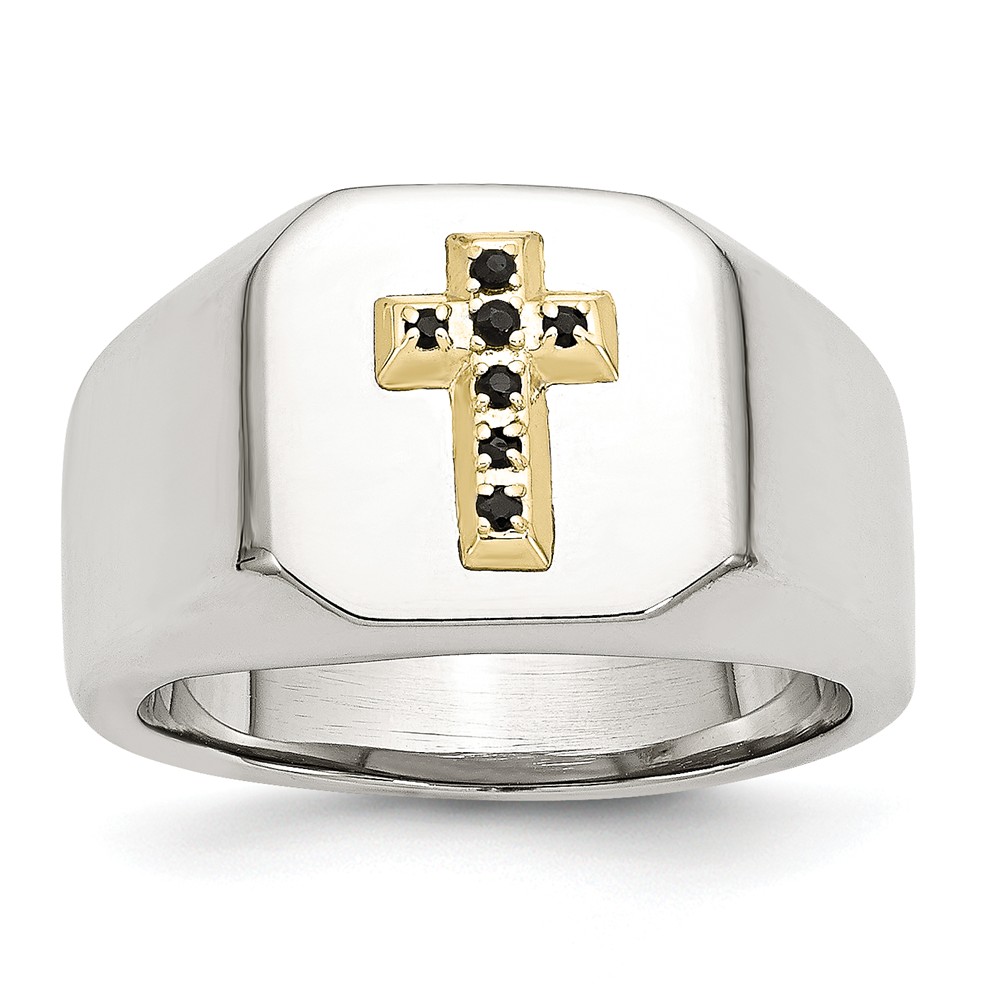 Stainless Steel 14K Yellow Gold Accent w Sapphires Cross Ring